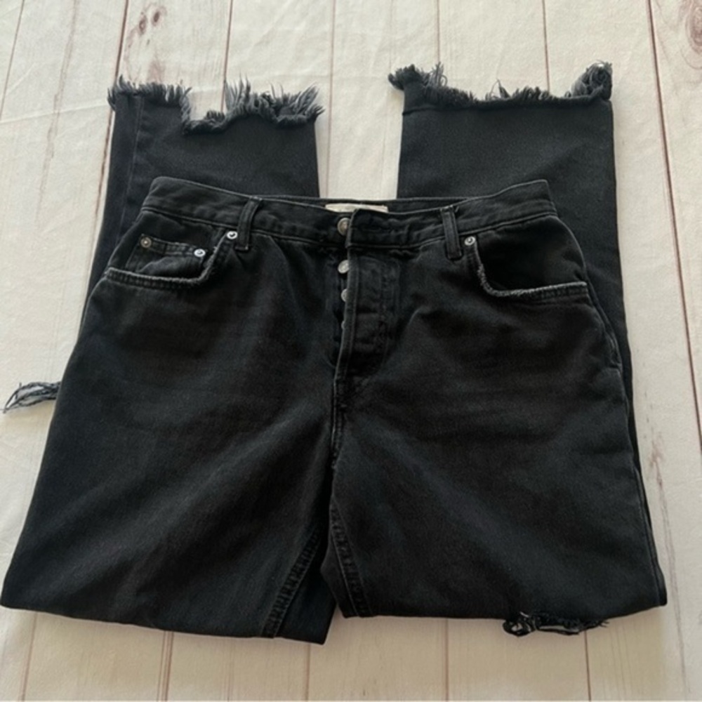 Free People Women's Maggie Straight Leg Jeans Black Mid Rise Distressed Sz 29